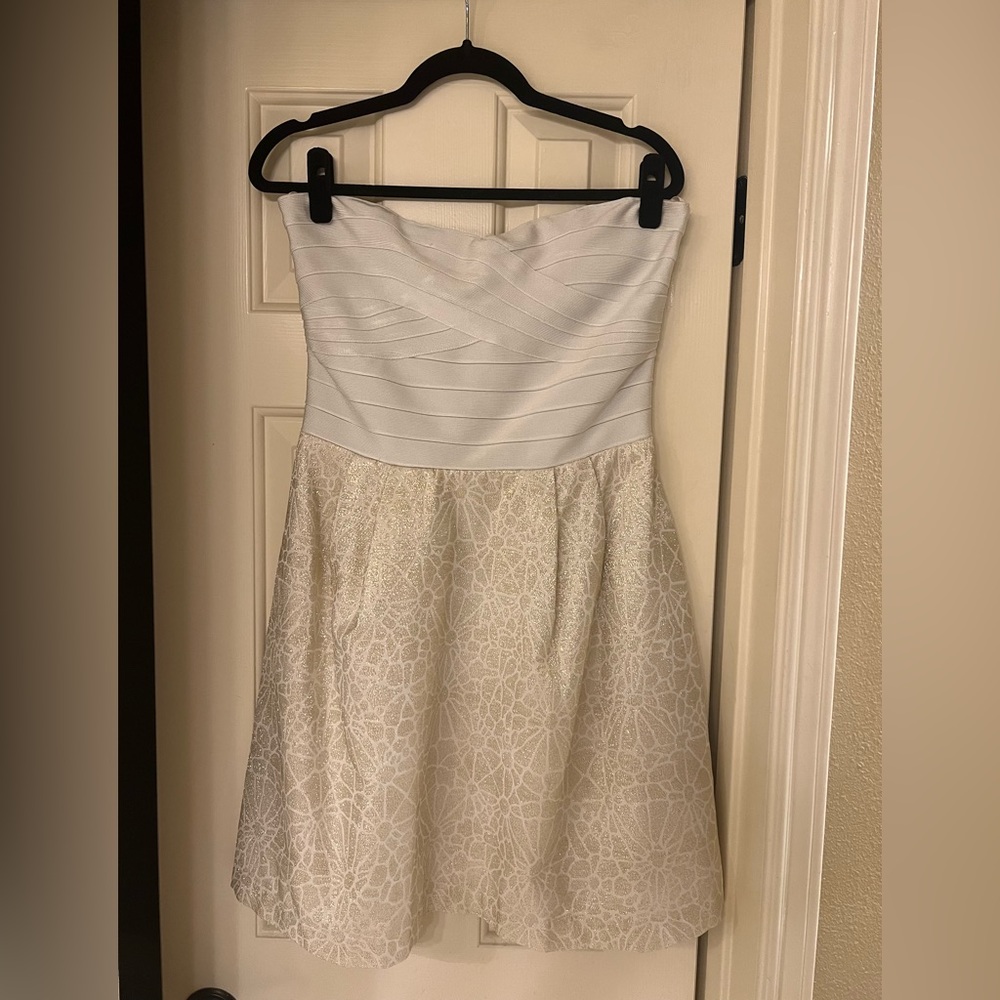 Erin by Erin Featherson beige and gold cocktail dress.